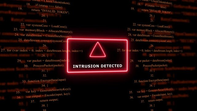 Red Exclamation Mark Warning Symbol INTRUSION DETECTED. warning sign over abstract software programming code background, for cyber security and, tech concepts, 4k animation video