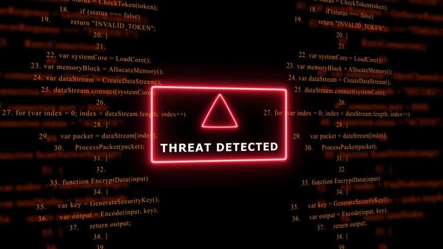 Red Exclamation Mark Warning Symbol THREAT DETECTED. warning sign over abstract software programming code background, for cyber security and, tech concepts, 4k animation video