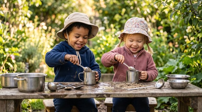 Happy multiracial toddlers enjoying outdoor play while mixing mud in metal cups at garden table. Cheerful preschool friends engage in sensory sand games during backyard childhood activities.