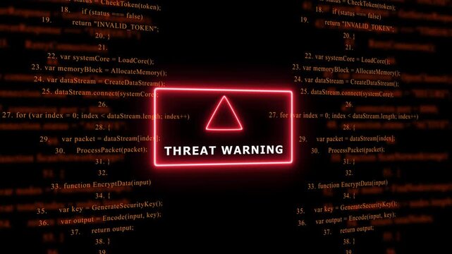 Red Exclamation Mark Warning Symbol THREAT WARNING. warning sign over abstract software programming code background, for cyber security and, tech concepts, 4k animation video