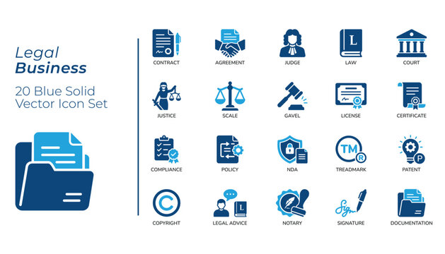 Legal Business Icon Set, Contract, Judge, Justice, Gavel, License, Compliance, Patent, Notary, Documentation, Solid Vector Icons for Web and App