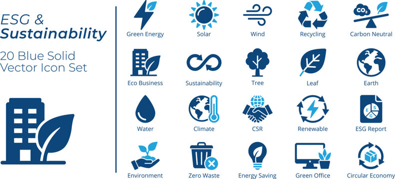 ESG and Sustainability Icon Set, Green Energy, Recycling, Carbon Neutral, Climate, CSR, Renewable, Circular Economy, Modern Flat Vector Icon Bundle