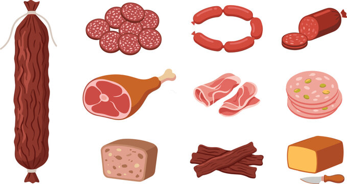 Deli meats and charcuterie vector illustration set featuring salami stick pepperoni slices smoked ham leg sausage links prosciutto mortadella bacon strips and pate isolated on white background