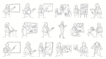 Fototapeta premium Professional Businesswoman Presentation Black White Line Art Set. Women Explaining, Coaching, and Meeting Outline Icons.