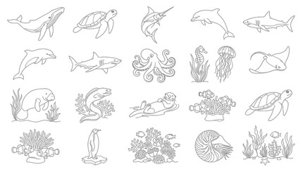 Fototapeta premium Black and White Line Art Collection of Various Marine Animals and Underwater Scenes