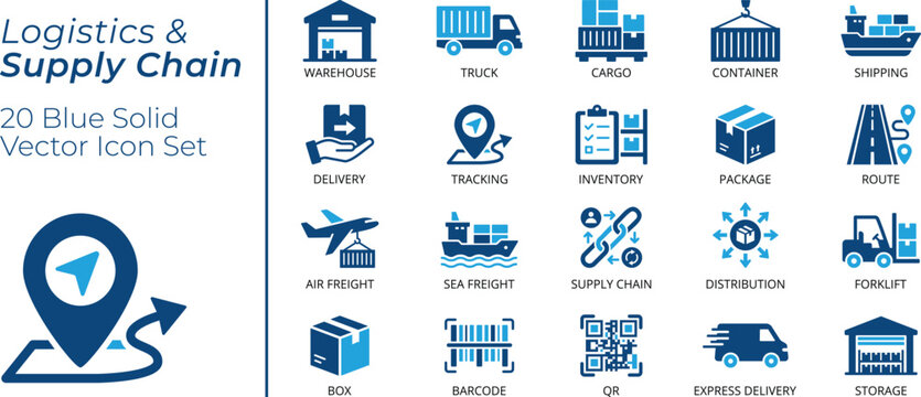 Logistics and Supply Chain Icon Set, Warehouse, Container, Air Freight, Sea Freight, Route, Distribution, QR Code, Storage, Vector Icon Bundle