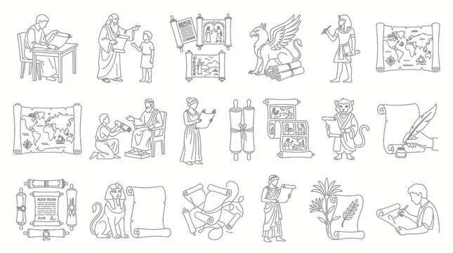 Black and White Line Art History and Education Vector Set: Ancient Scrolls, Scribes, Writing Symbols