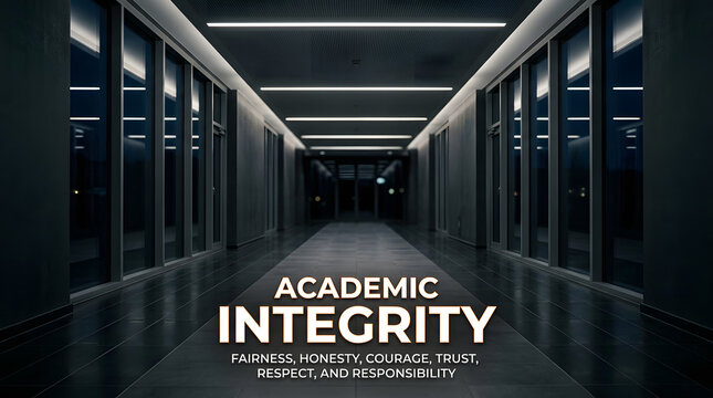 Modern university hallway corridor design with text overlay about academic integrity with displays dark modern responsibility architecture with corridor
