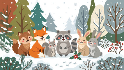 Naklejka premium Cute woodland animals gathered together in a snowy winter forest scene.