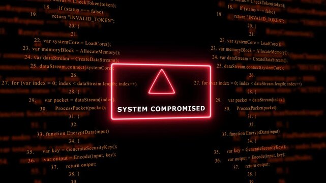 Red Exclamation Mark Warning Symbol SYSTEM COMPROMISED. warning sign over abstract software programming code background, for cyber security and, tech concepts, 4k animation video