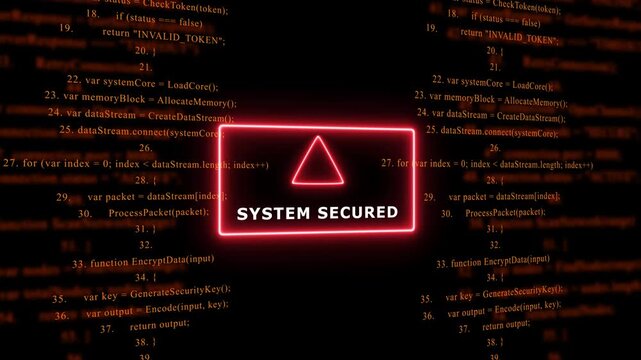Red Exclamation Mark Warning Symbol SYSTEM SECURED. warning sign over abstract software programming code background, for cyber security and, tech concepts, 4k animation video