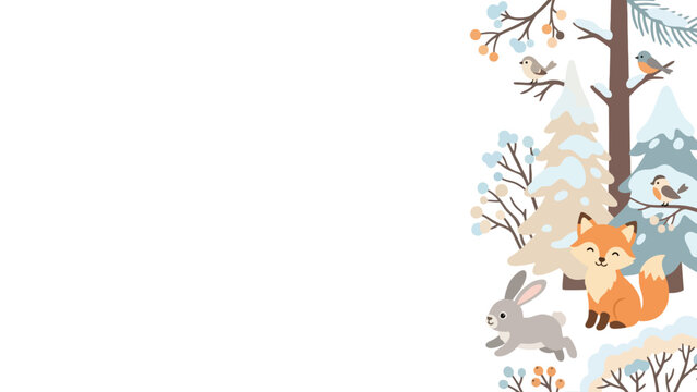 Cute woodland animals and winter forest illustration.