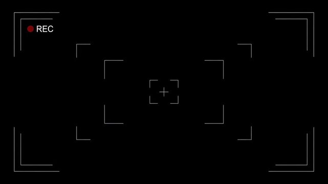 Professional camera recording viewfinder overlay animation with blinking red rec dot on black background.