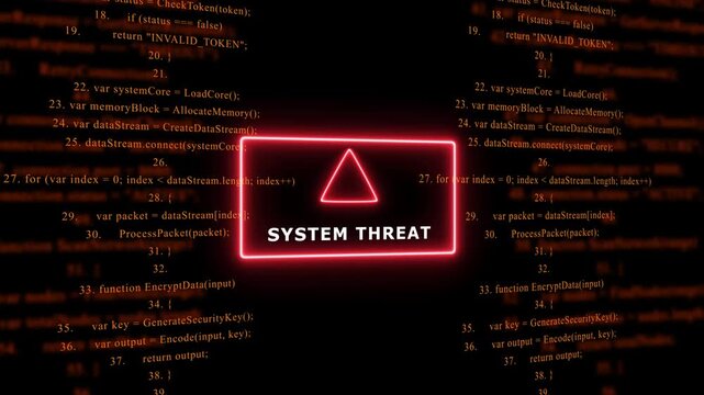 Red Exclamation Mark Warning Symbol SYSTEM THREAT. warning sign over abstract software programming code background, for cyber security and, tech concepts, 4k animation video