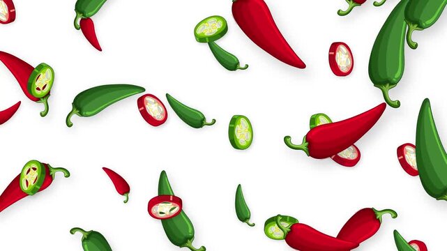 Animation of Red and Green Chili Peppers Falling on White Background