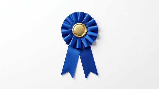 Blue award ribbon with gold center isolated on white background for celebration and achievement