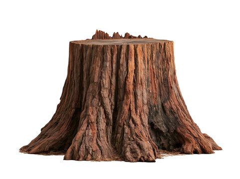 Tree stump isolated on white background, textured wood base of a felled forest tree.