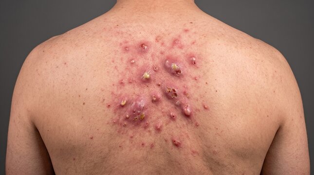 Severe cystic acne vulgaris and pustules on young male back skin close up