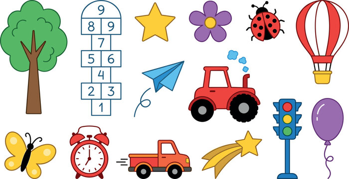 Cute Kids Cartoon Elements Vector Set with Hopscotch Tractor Balloon Truck Tree and Star Icons for Nursery Designs