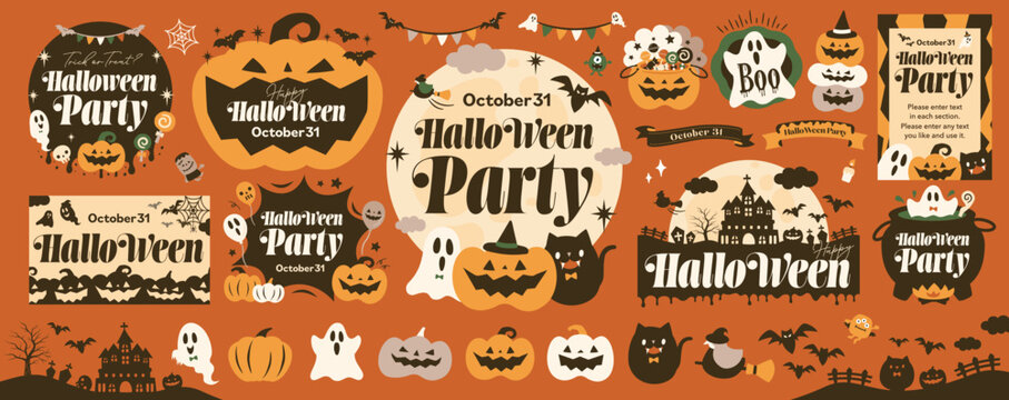 ハロウィンパーティーのベクターアイコンイラストと背景フレームセット_10月のハロウィーンイベントに最適なおしゃれな秋らしいデザイン