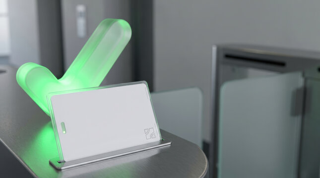 Digital identification card security device with glowing green signal, modern access control technology on desk