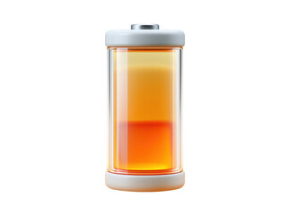 Obraz premium 3D render of a glass battery icon with orange liquid energy level isolated on white