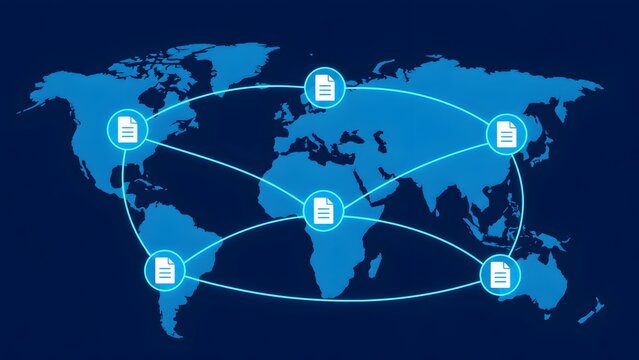 Global document sharing network concept with digital world map connecting international business data nodes
