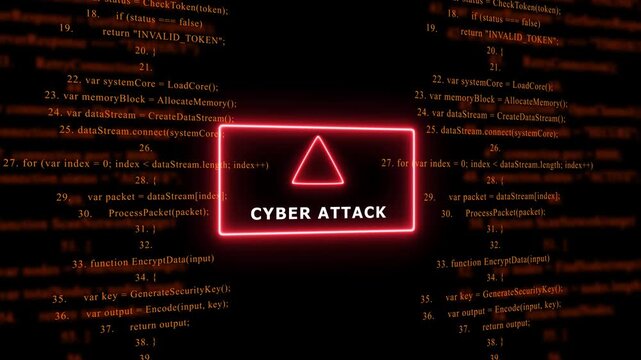 Red Exclamation Mark Warning Symbol CYBER ATTACK. warning sign over abstract software programming code background, for cyber security and, tech concepts, 4k animation video