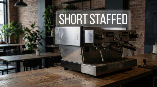 Labor shortage impact on cafe operation shows short staffed service and idle coffee machine in industrial cafe interior