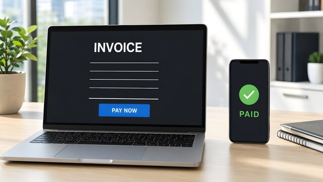 Digital invoice processing and successful online payment completion shown on laptop and smartphone screens