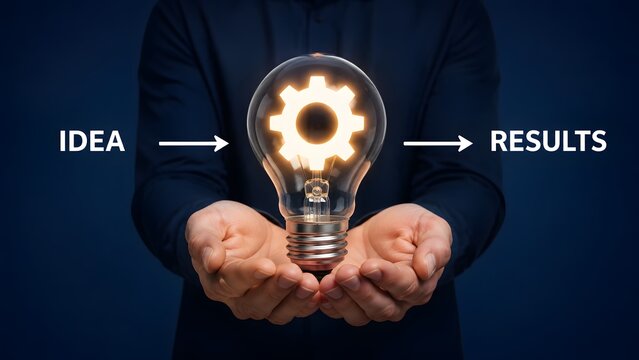 Concept of transforming ideas into successful results with glowing lightbulb and gear mechanism representing innovation and execution process