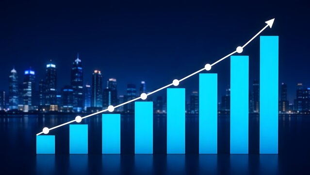 Glowing upward financial bar chart against night city skyline representing corporate business growth real estate development and market success