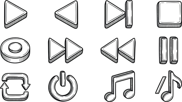 Sketch doodle style audio video player UI button elements collection including repeat forward rewind power and music notation icons