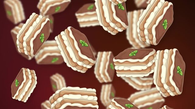 Falling Tiramisu Dessert Slices on Dark Red Mesh Background