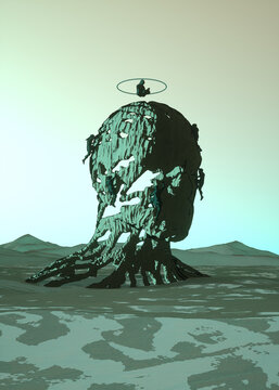 Giant Stone Head Sculpture with Climbers and Floating Meditation Figure