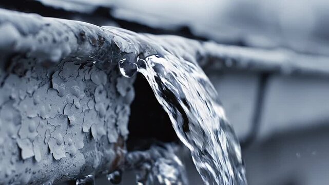 Close view of melting ice on a weathered pipe as water flows and drips, illustrating thawing, winter change, plumbing damage, and environmental transition