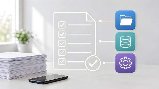 Digital document management system hologram over paper stack representing automated office workflow and paperless archiving integration