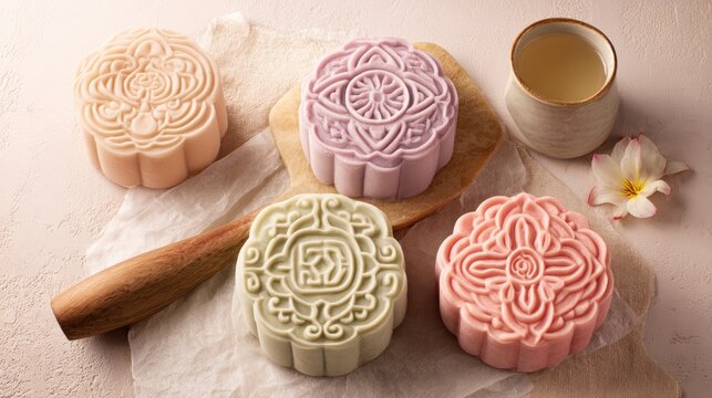 Top-Down Flat Lay of Three Exquisite Mooncakes with Tea Cup on Textured Rice Paper