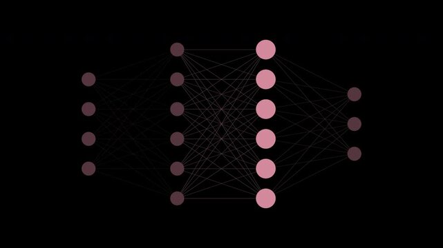 Pink neural network layers with pulsing signals, machine learning ai loop, transparent background