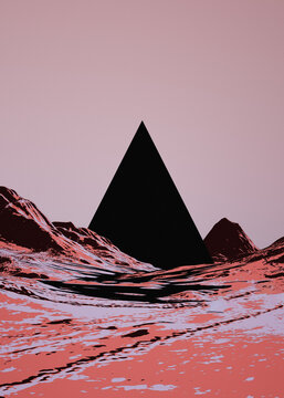Black Pyramid Silhouette Over Coral Red Mountain Landscape