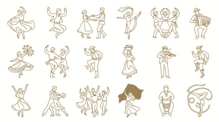 Naklejka premium Black White Line Art Icons of Traditional Folk Dance, Music, and Cultural Festivities and Traditions