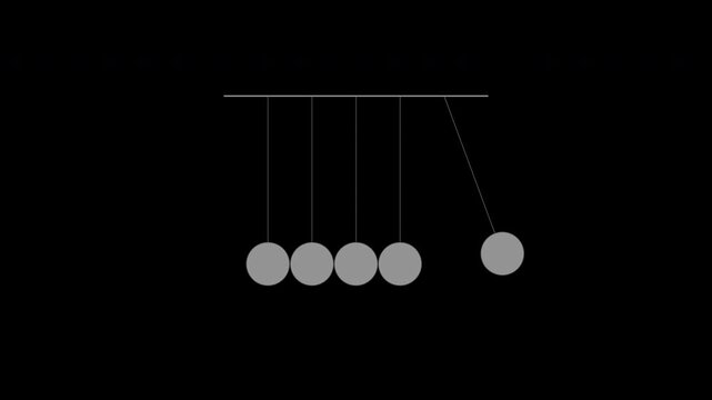 Gray newton cradle swinging balls, physics momentum demonstration loop, transparent background