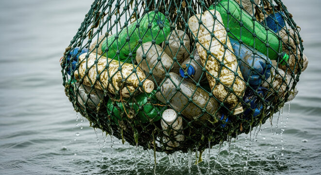 Plastic pollution ocean health preservation concept with dirty plastic bottles in fishing net dripping water after removal from sea water