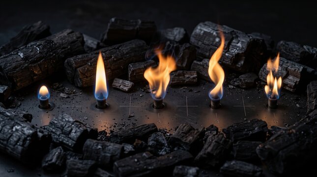 Natural gas flames burning on dark metal surface, glowing fire flickers surrounded by black charcoal wood, atmospheric heat and energy
