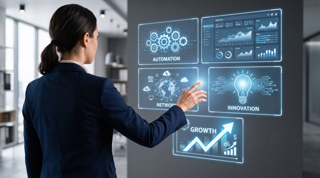 Businesswoman selecting innovation and automation icons on large interactive digital wall display representing business growth and networking.