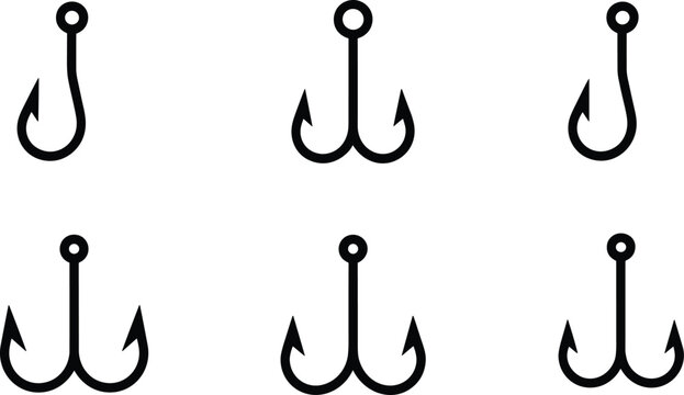 Fishing Hook Vector Icon Set Including Single and Double Barbed Hooks for Angler Tackle Equipment Design