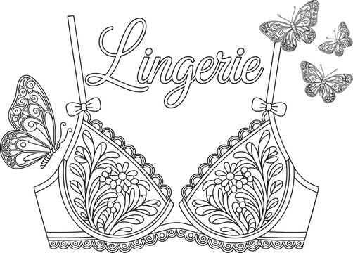 Intricate Floral Lingerie Bra and Butterflies Line Art Vector Design with Typography for Adult Coloring Book Pages