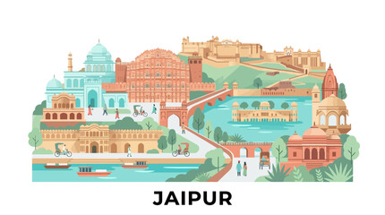 Obraz premium Colorful artistic portrayal of Jaipur showcasing historical architecture and vibrant cityscape with cultural landmarks and