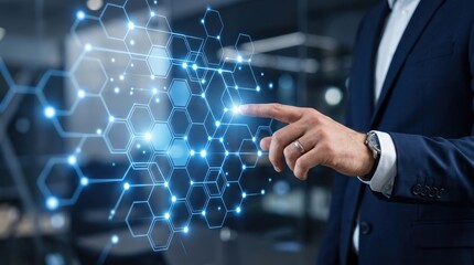 Fototapeta premium Businessman in suit interacting with futuristic holographic network interface for digital transformation