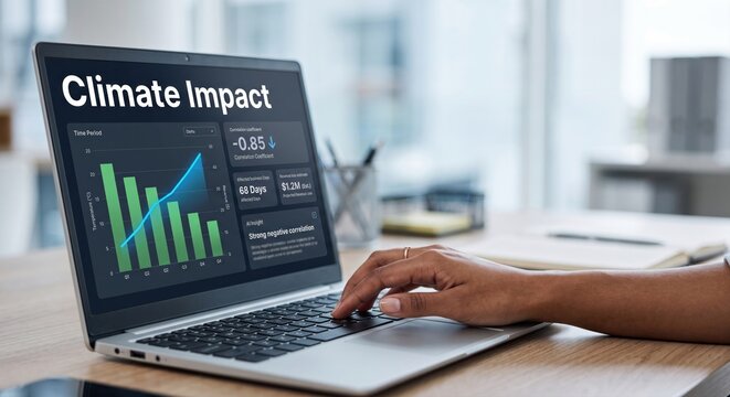 Executive analyzing climate impact and temperature correlation dashboard on laptop in office